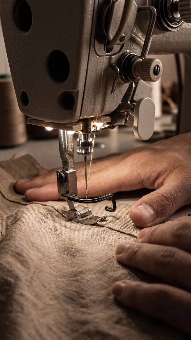 Primer plano de unas manos guiando una tela de lino bajo el prénsatelas de una máquina de coser