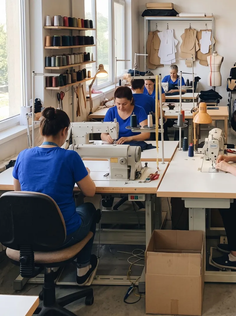Taller de confección con costureras de camiseta azul trabajando en máquinas de coser, moldes colgados en la pared y conos de hilo en estantes
