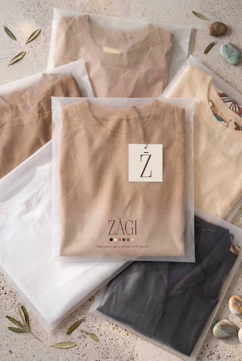 Prendas de lino dobladas en bolsas translúcidas con etiqueta del monograma ZAGI, entre hojas de olivo y piedras