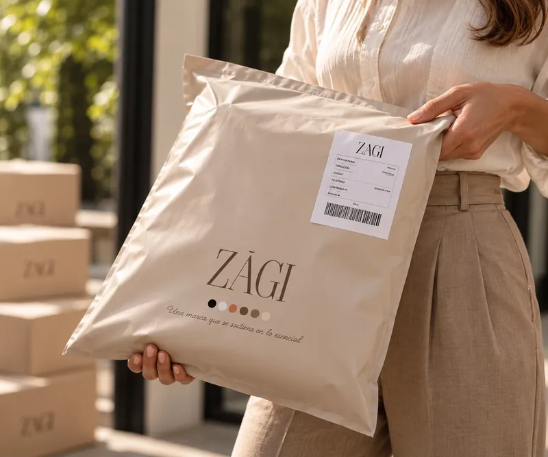 Mujer sostiene un sobre de envío color arena con el logotipo ZAGI y la guía de despacho, con cajas de la marca al fondo