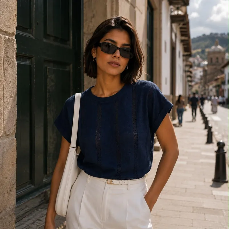 Mujer con gafas de sol, blusa azul marino de punto y pantalón blanco en una calle de piedra