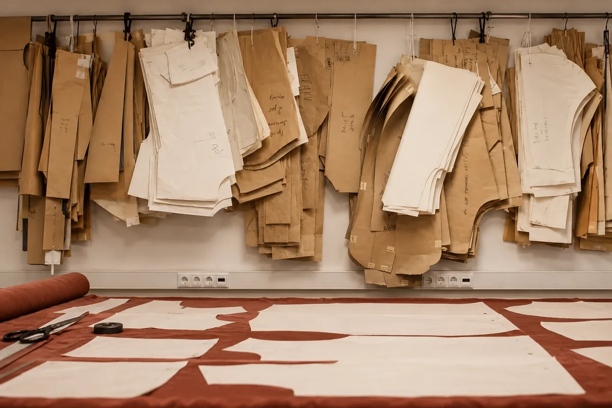 Moldes de papel kraft y blanco colgados en fila en la pared de un taller, y piezas de patronaje sobre tela terracota en la mesa de corte, con tijeras y regla